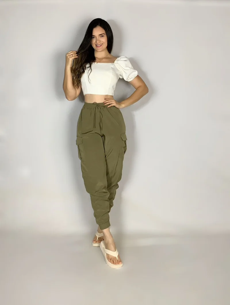 Calça crepinho ref 705 cargo c elastano verde oliva