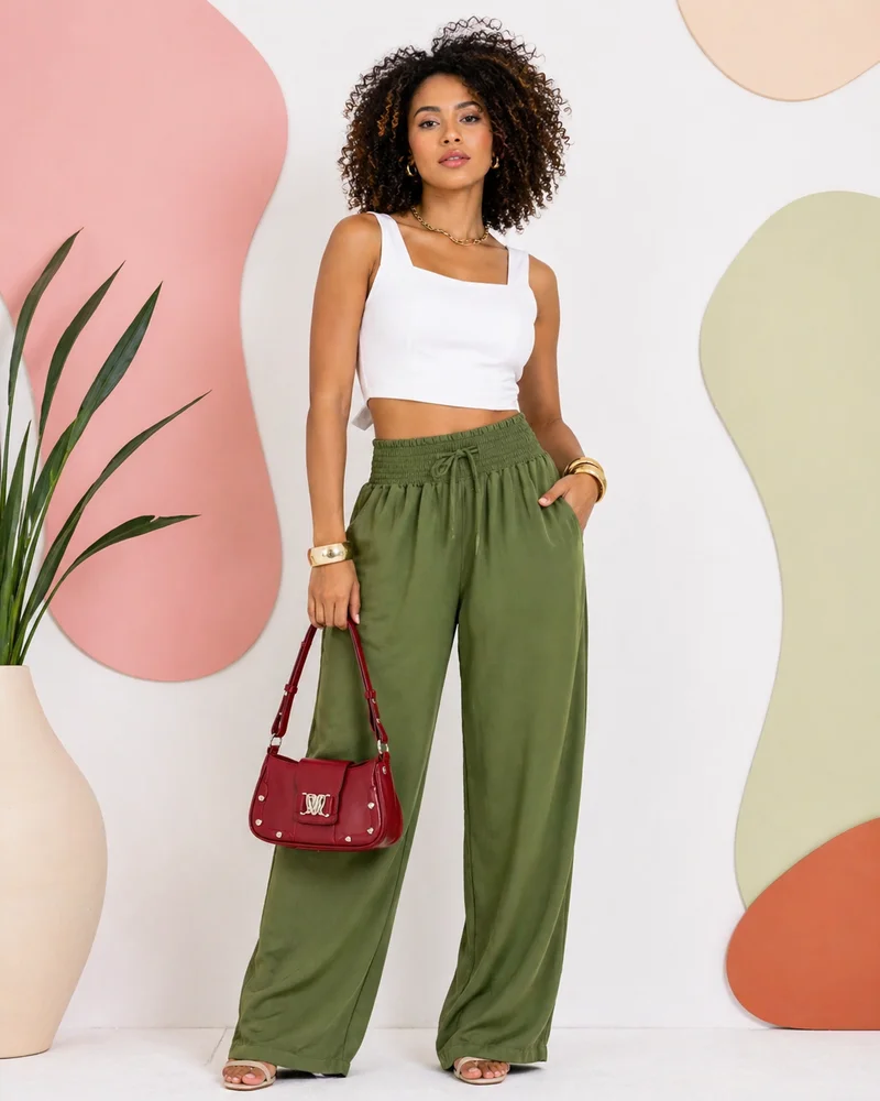 Calça pantalona forrada ref 809 verde militar — vista 3