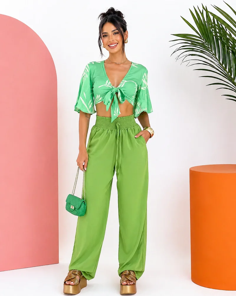 Calça pantalona forrada ref 809 verde