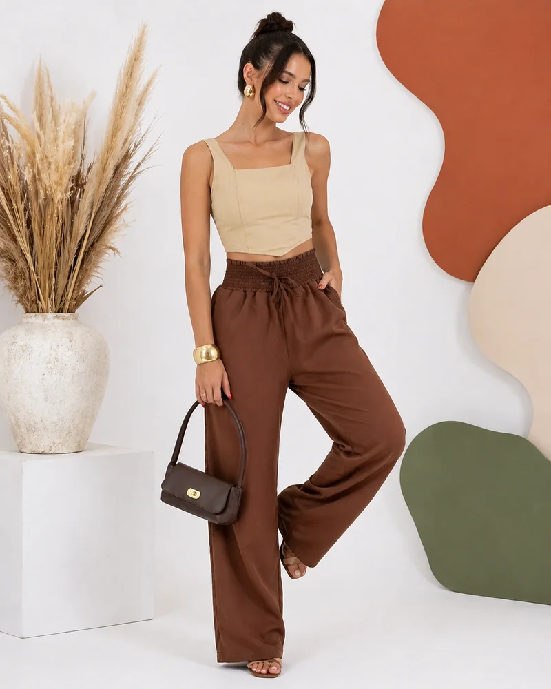 Calça pantalona forrada ref 809 marrom — vista 3