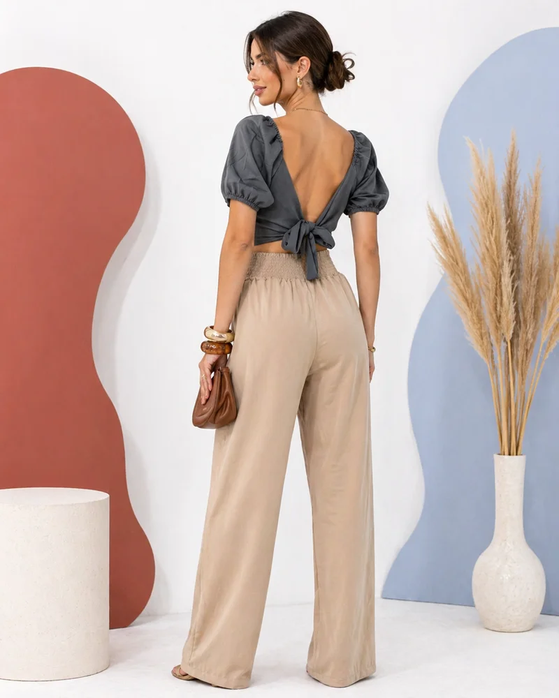Calça pantalona forrada ref 809 bege — vista 2
