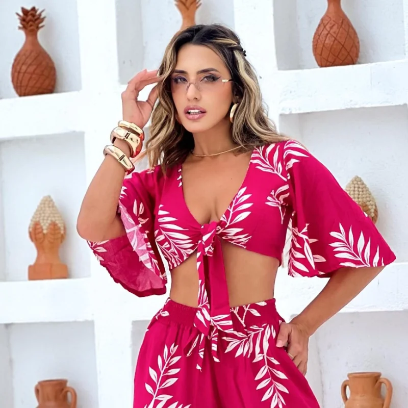 Cropped ref 906 viscolinho estampa folhagem rosa