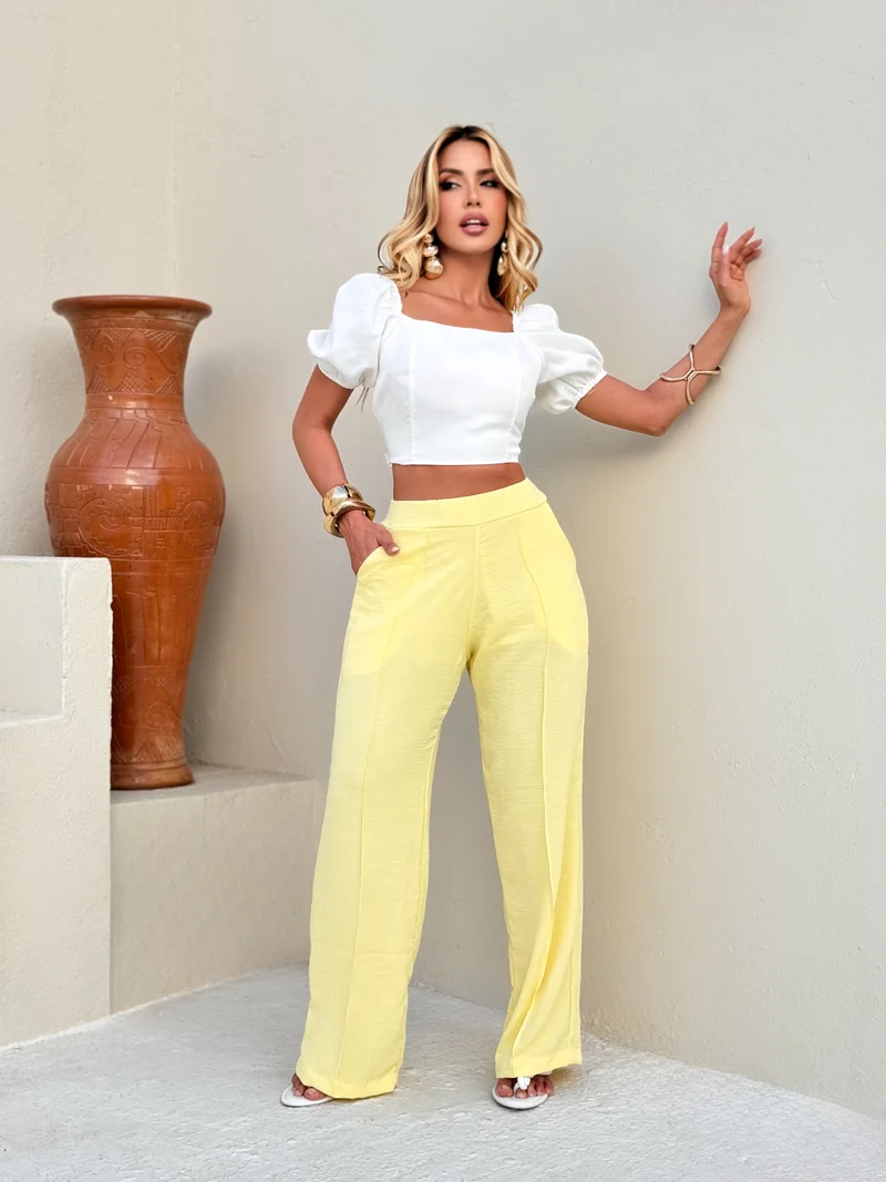 Calça pantalona duna ref 803 amarelo — vista 3