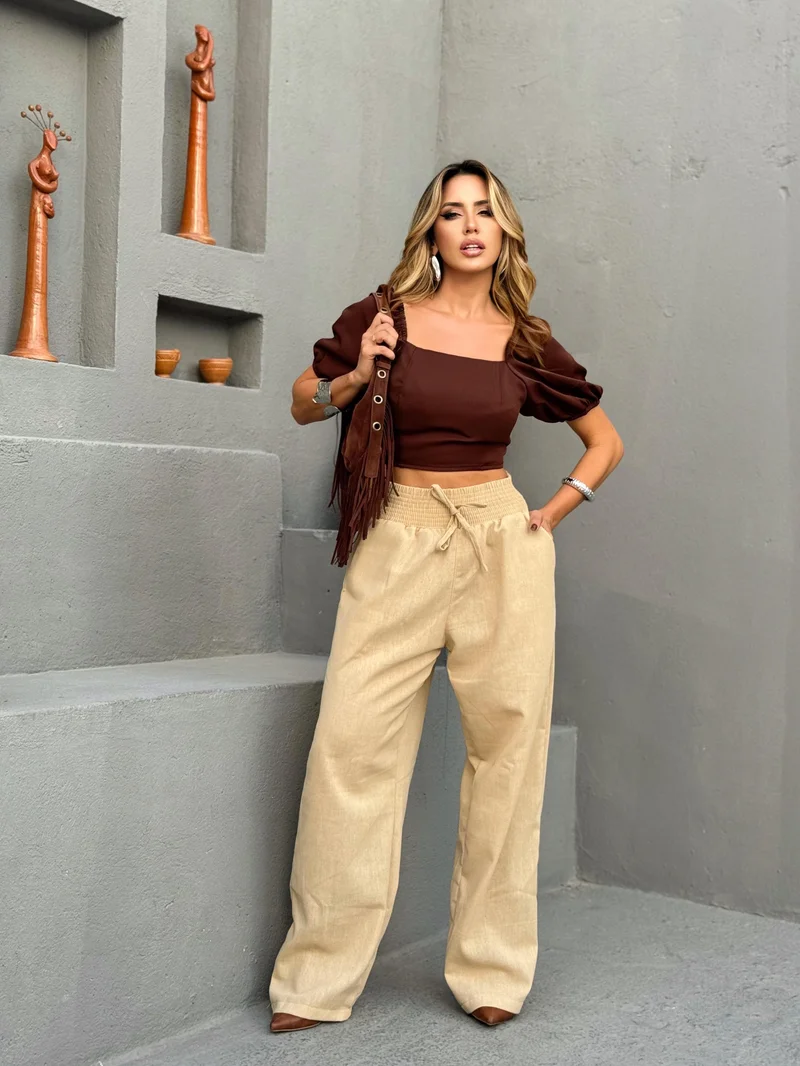 Calça pantalona linho ref 809 bege