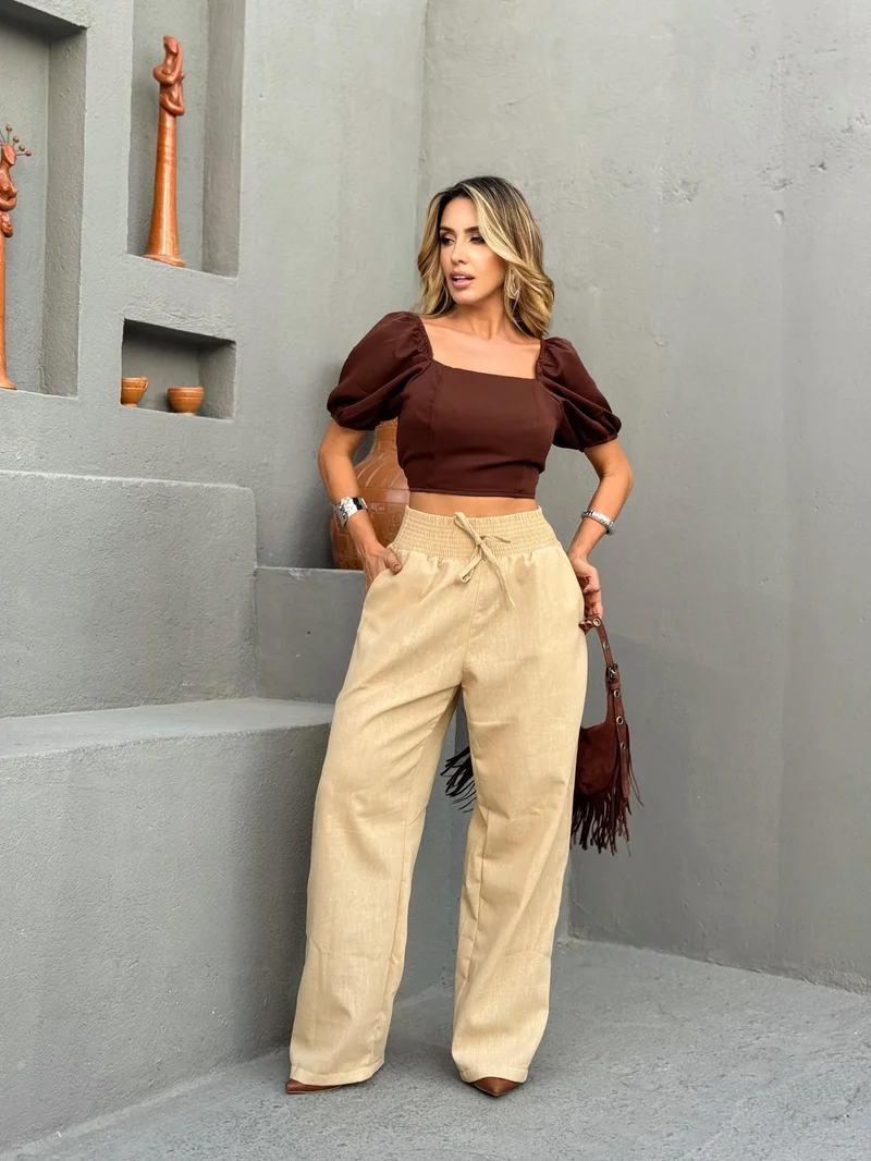 Calça pantalona linho ref 809 bege — vista 3