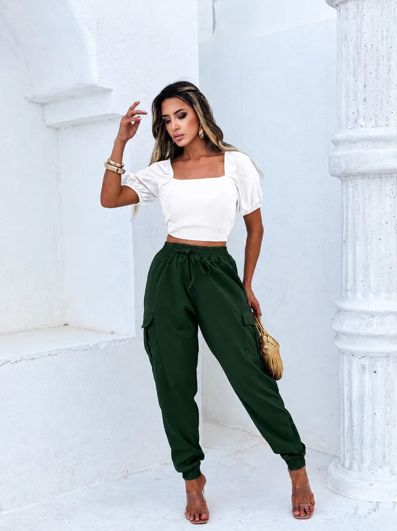 Calça crepinho ref 705 cargo c elastano verde militar