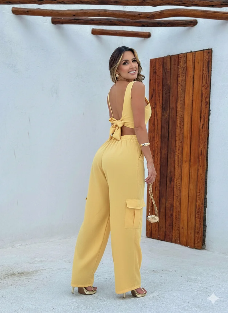 Calça pantalona cargo ref 806 amarelo — vista 2