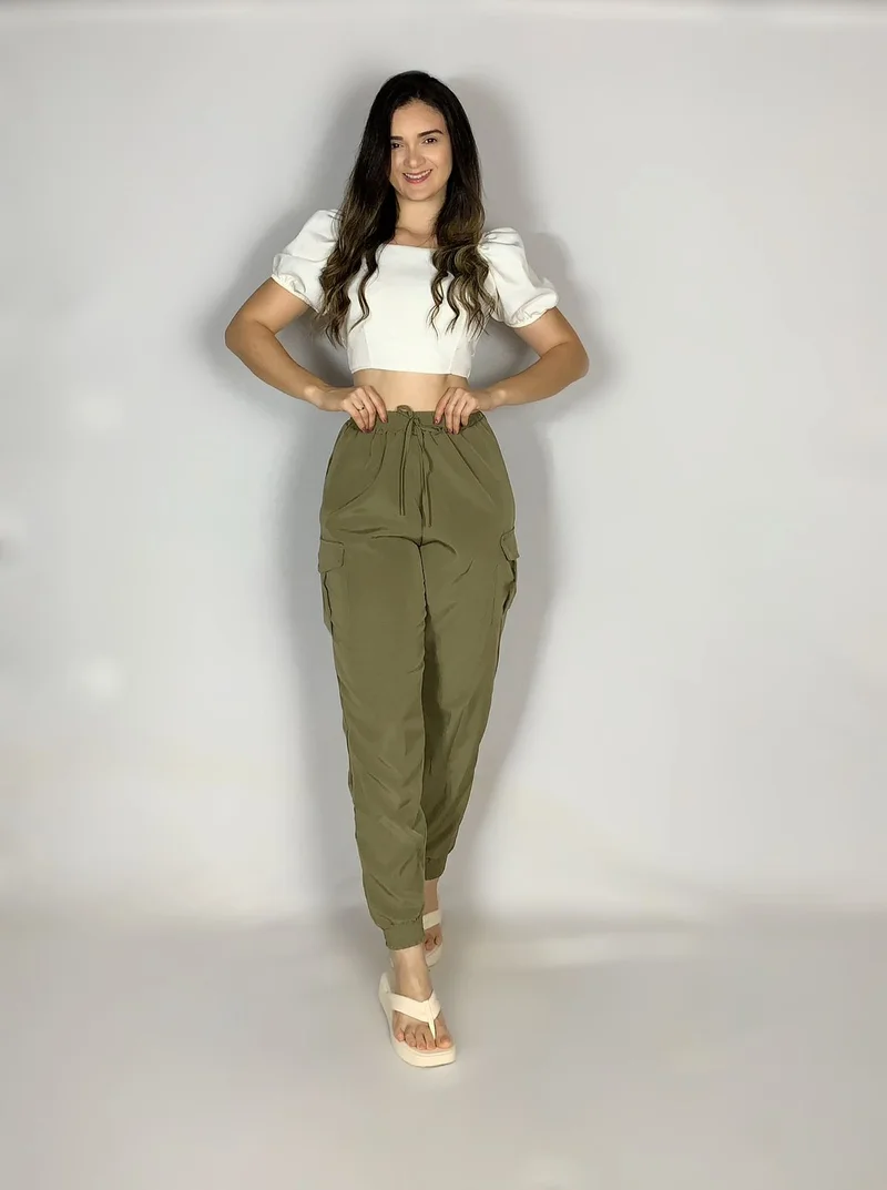 Calça crepinho ref 705 cargo c elastano verde oliva — vista 2