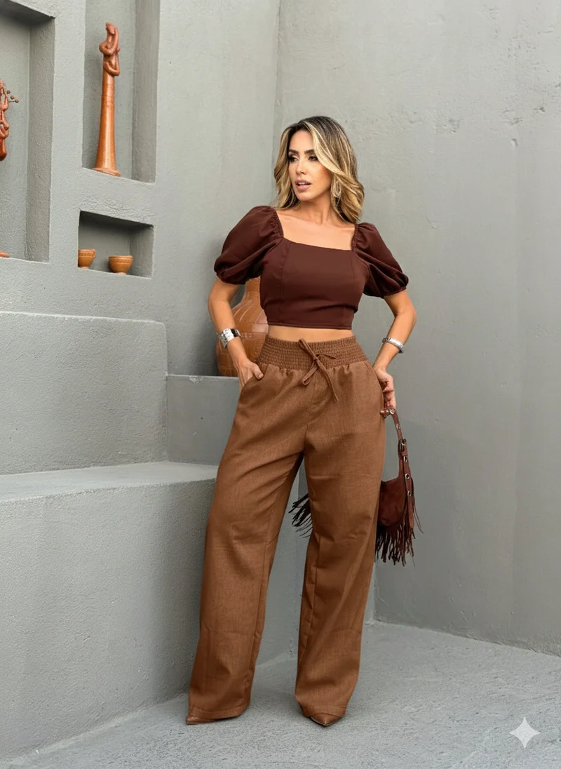 Calça pantalona linho ref 809 marrom