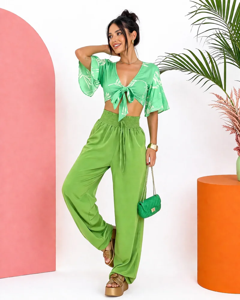 Calça pantalona forrada ref 809 verde — vista 3