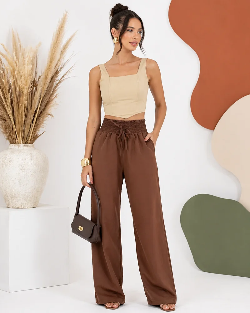 Calça pantalona forrada ref 809 marrom