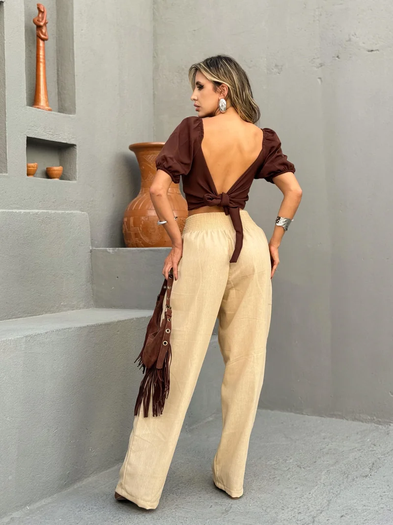 Calça pantalona linho ref 809 bege — vista 2